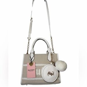 NWT Juicy Couture Resort Mini Tote Beige Crossbody Bag w/ Coin Pouch & Pom Pom